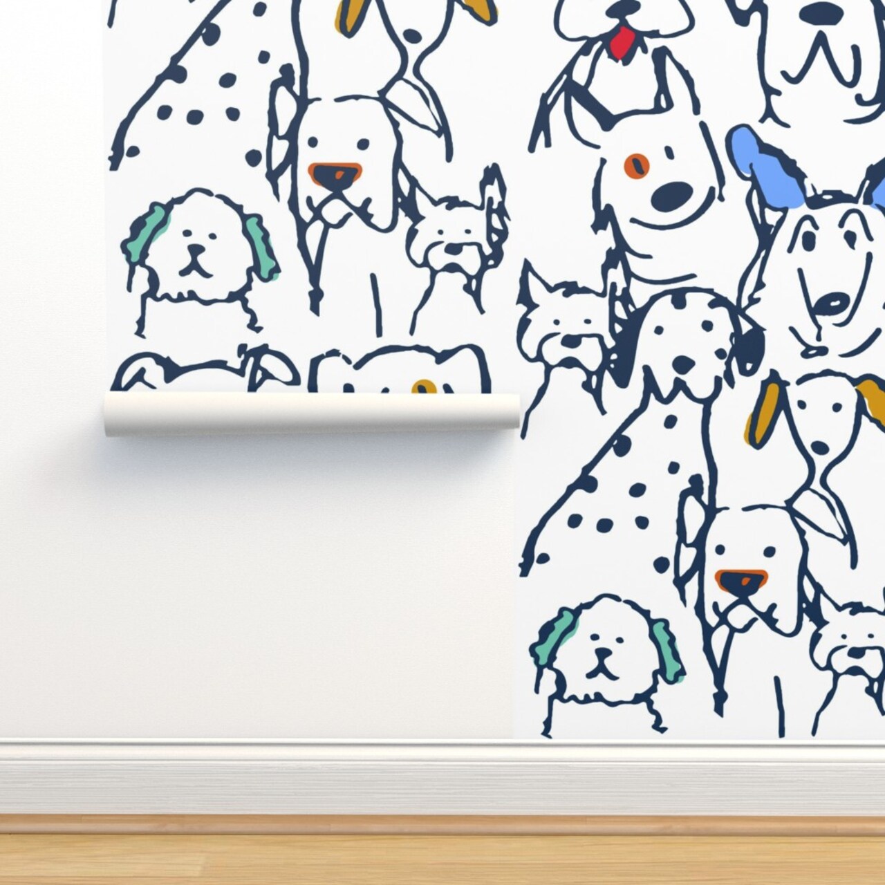 Whimsical Dog Doodle Large Scale Pets Veterinarian Rescue Lover Hand Drawn Quirky Animals Blue Cute Custom Pre-pasted Wallpaper by Spoonflower Pre-Pasted Wallpaper 2FT Wide